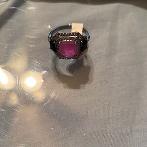 Purple Fluorite on Hematite Gemstone Ring